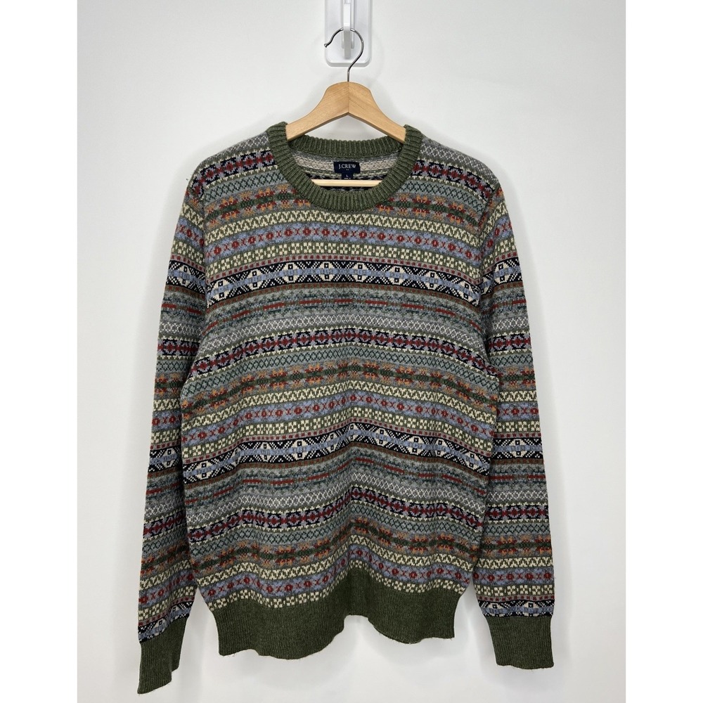 J.Crew Fair Isle Lambswool Sweater Mens Large Green Geometric Nordic Knit Preppy
